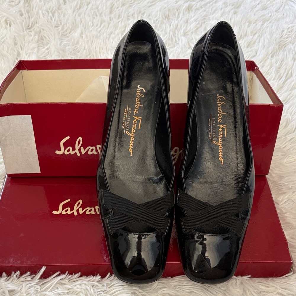 Salvatore Ferragamo Black Patent Leather Bow Flats
